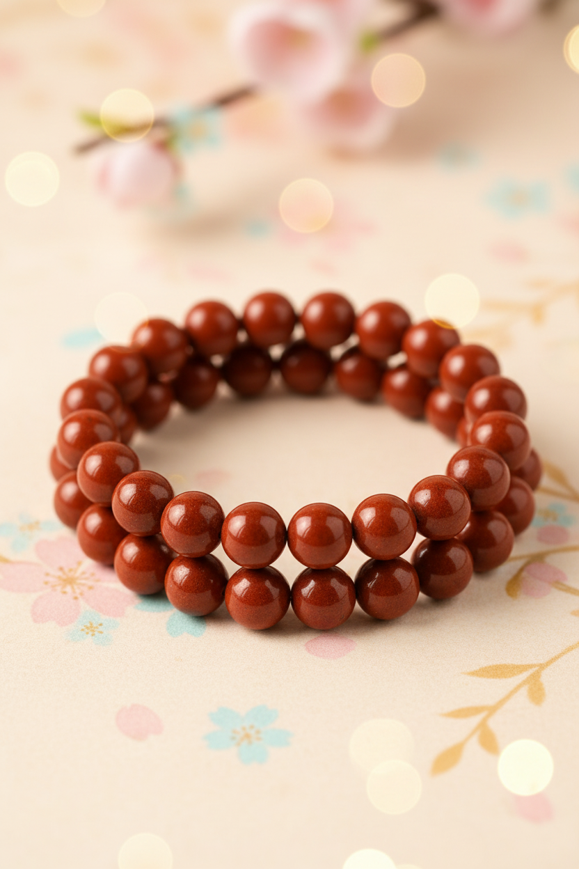 Brown beaded bracelet on a decorative background with floral elements