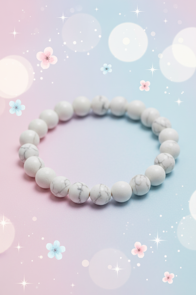 White beaded bracelet on a pastel gradient background with flowers