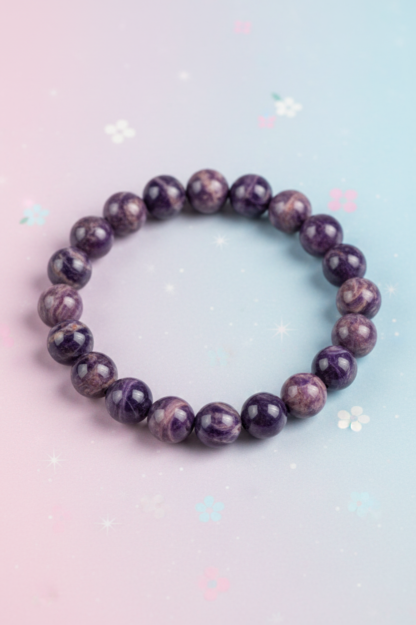 Purple beaded bracelet on a gradient background