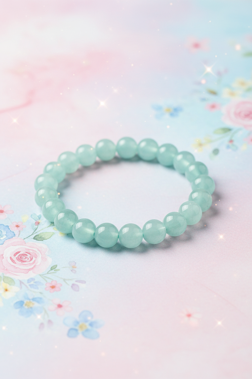 Green beaded bracelet on a pastel floral background