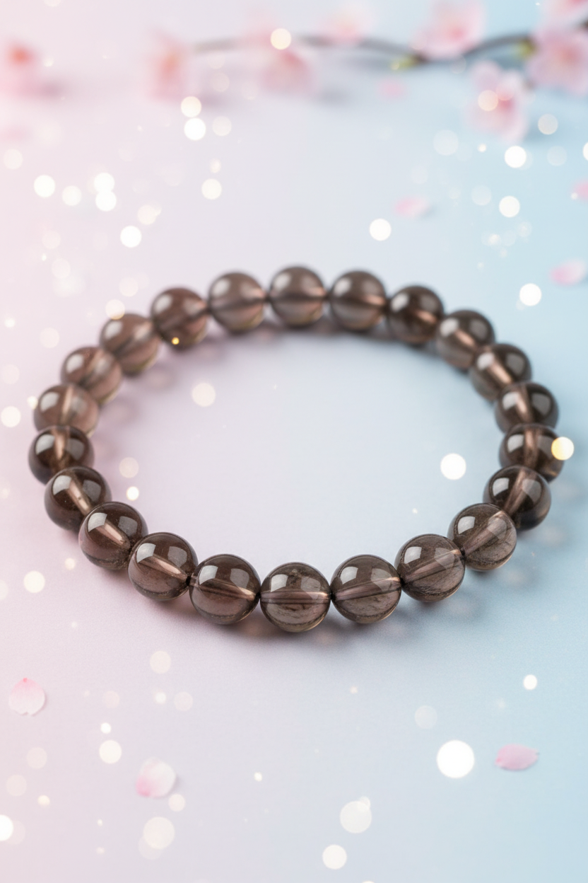 Beaded bracelet on a light blue background with a soft focus