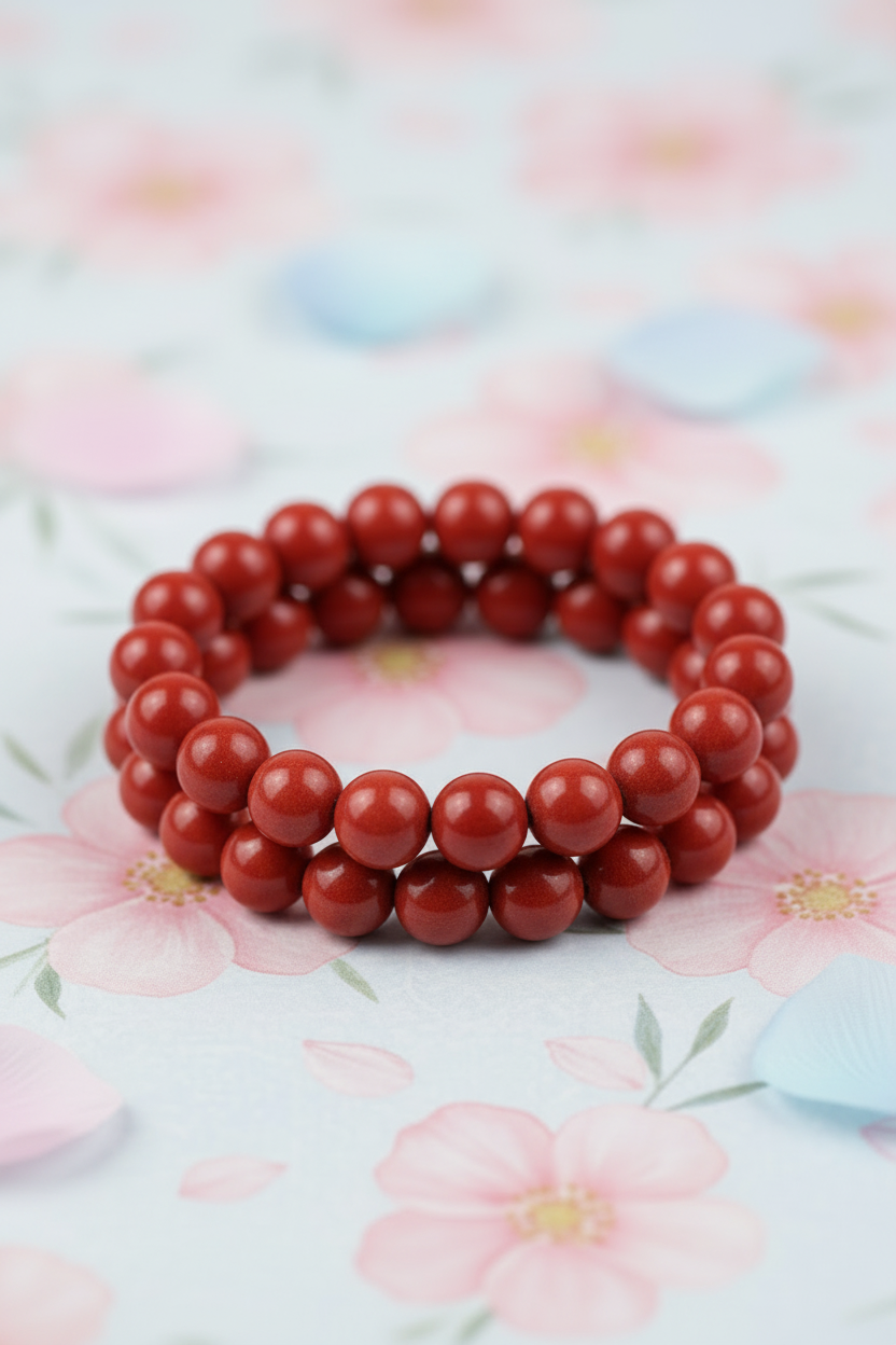 Red beaded bracelet on a floral background
