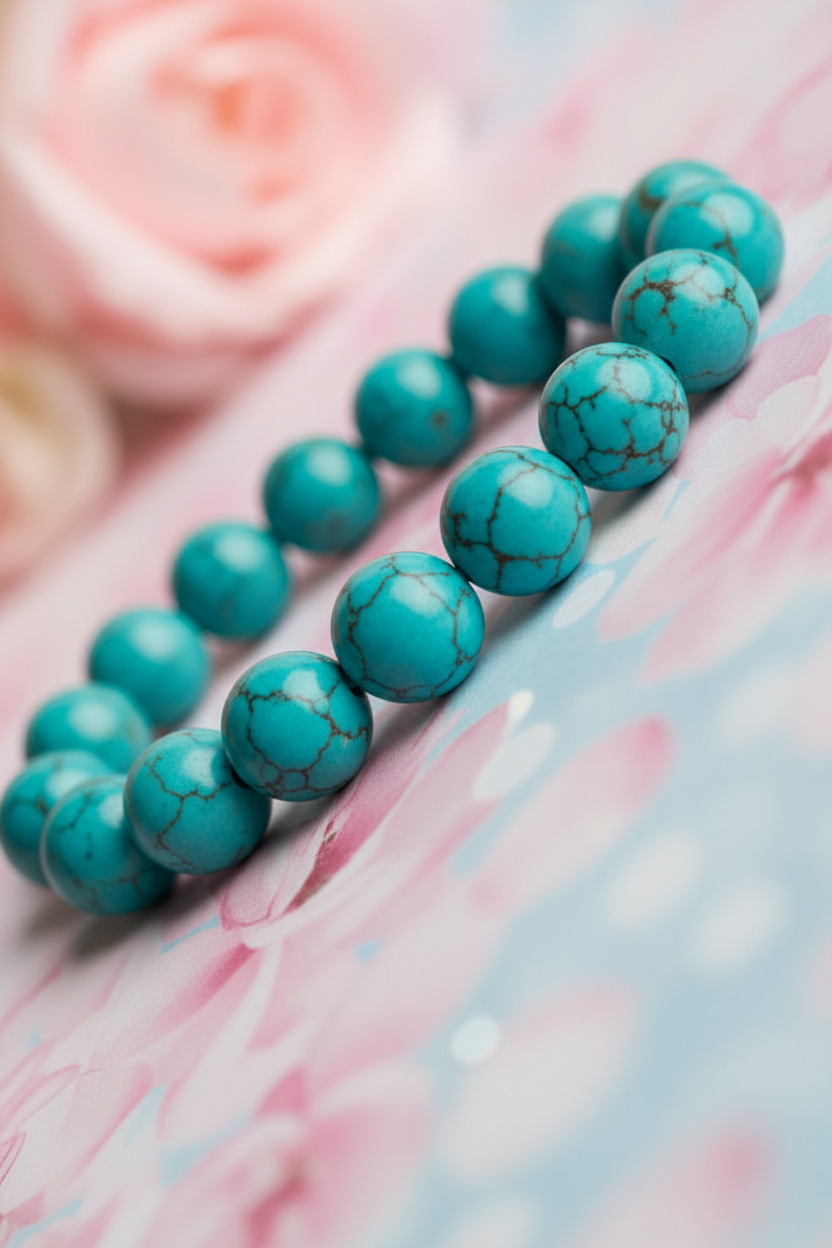 Turquoise beaded bracelet on a floral background