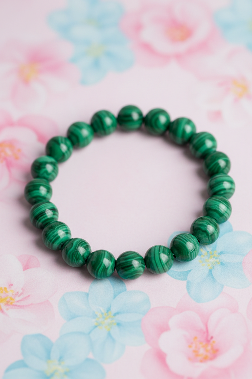Green beaded bracelet on a floral background
