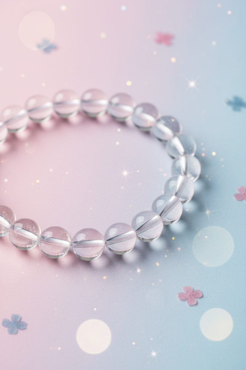 Crystal bracelet on a pastel gradient background with flowers