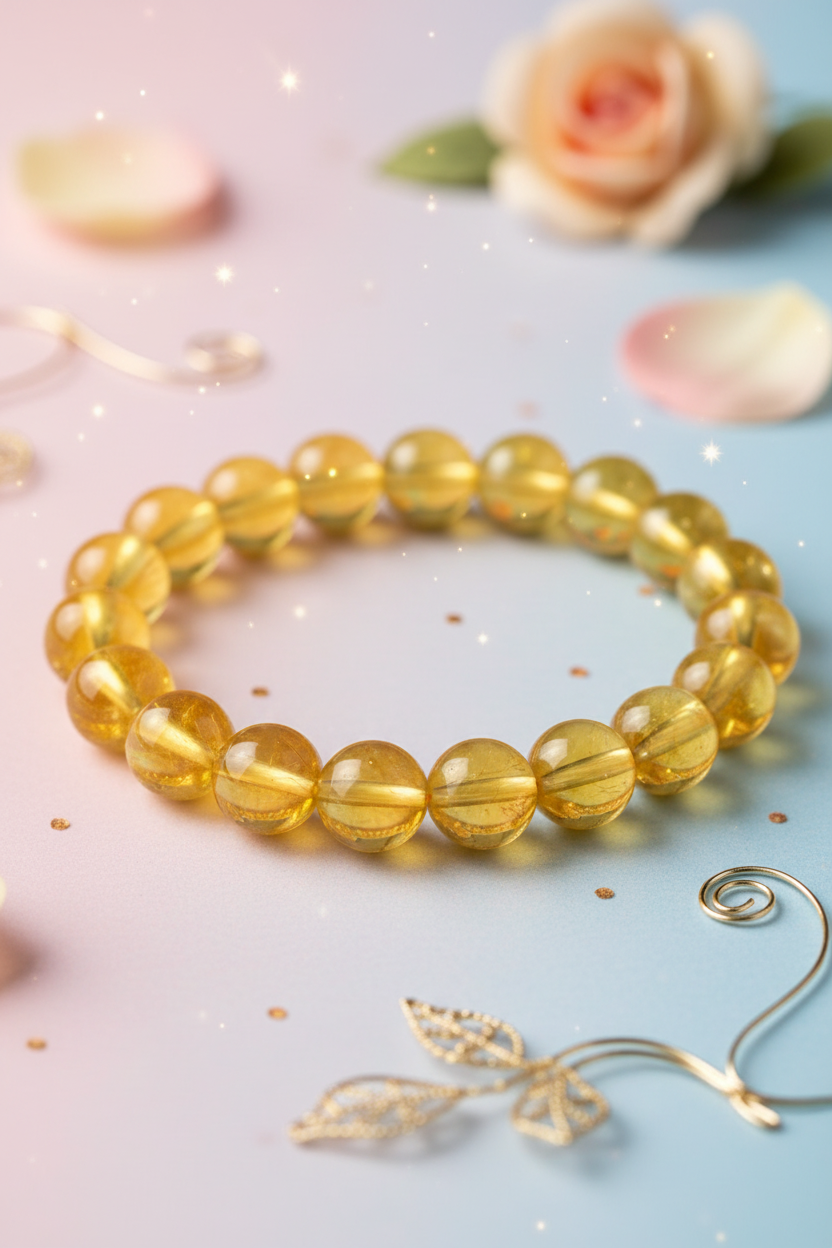 Yellow beaded bracelet on a soft pastel background with flowers and decorative elements.