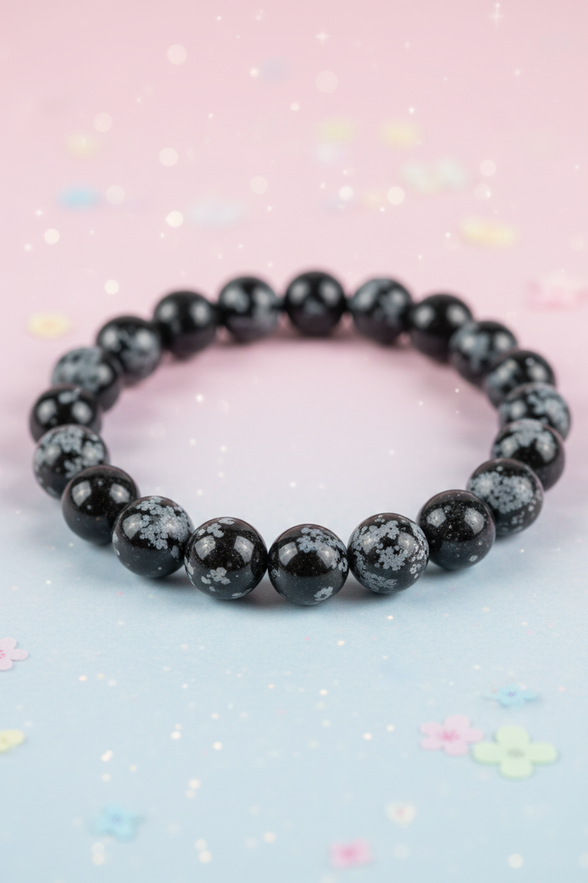 Black beaded bracelet on a light pink and blue gradient background
