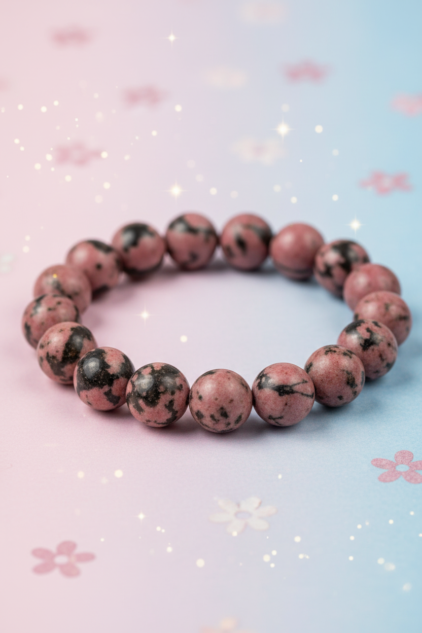 Pink beaded bracelet on a light blue background with floral patterns