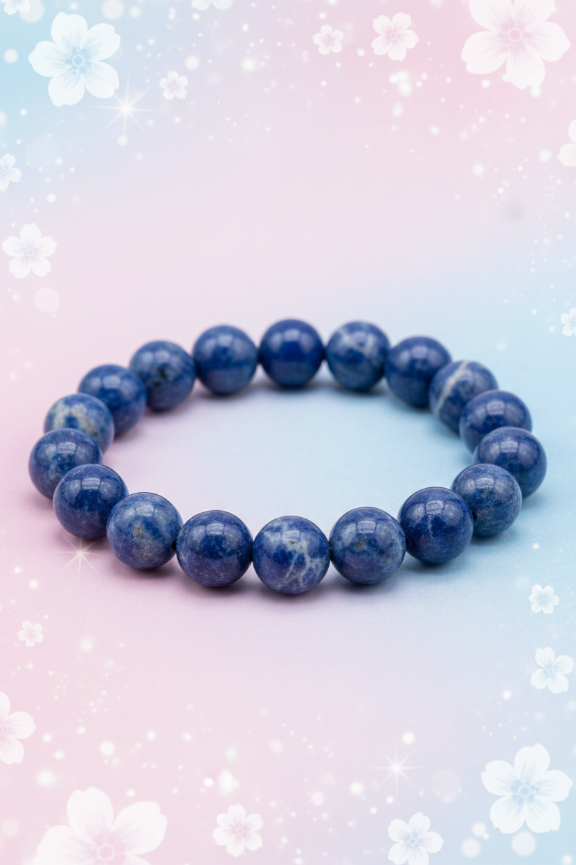 Blue beaded bracelet on a gradient background with floral elements