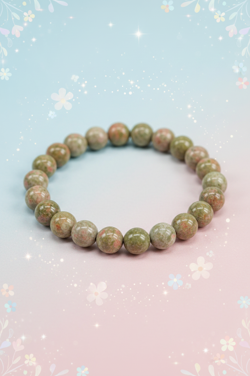 Green beaded bracelet on a gradient background with floral elements