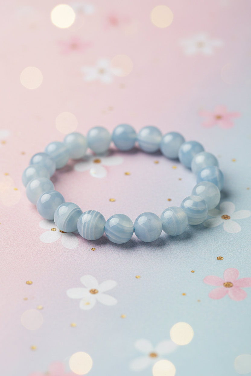Blue beaded bracelet on a pastel background with flowers and lights
