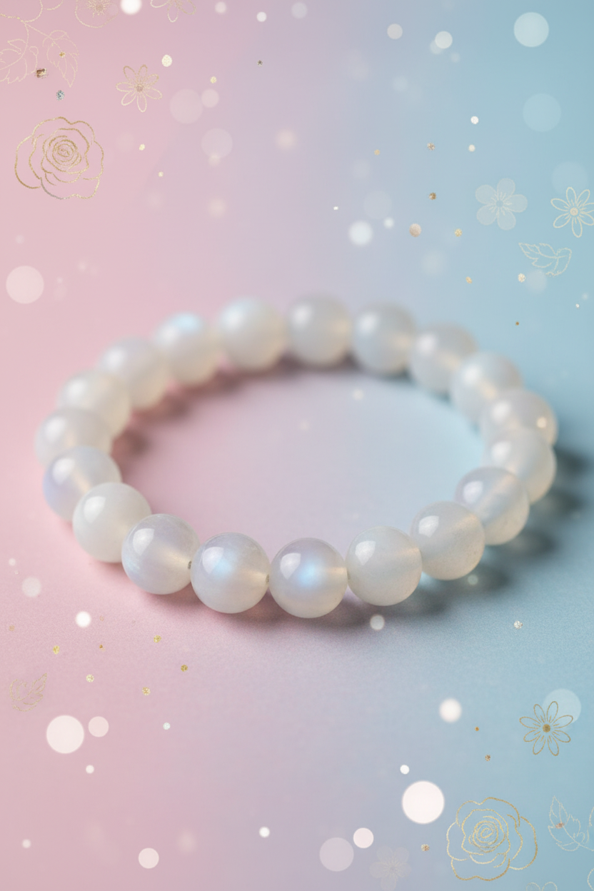 Pearl bracelet on a pastel gradient background with floral elements
