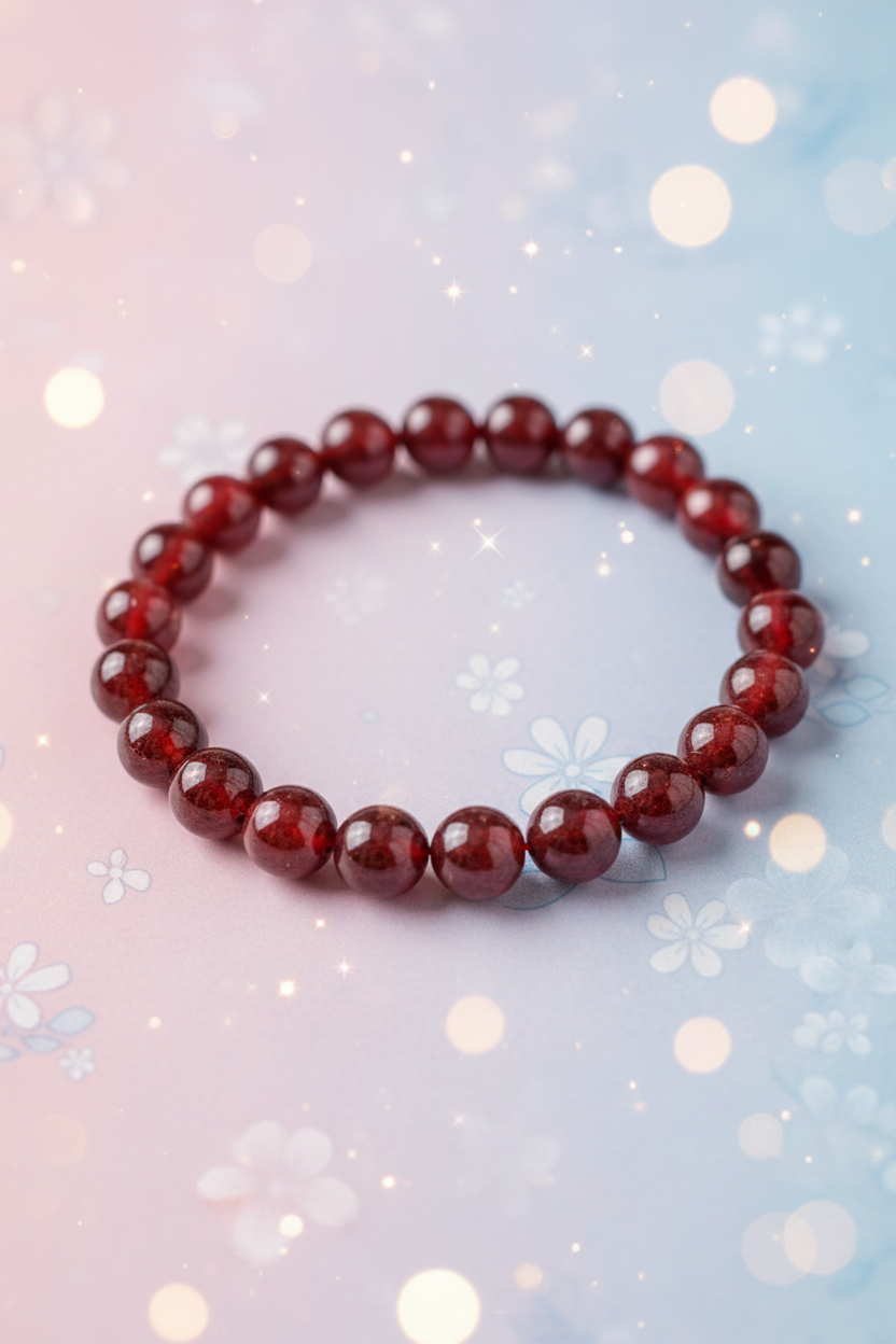 Red beaded bracelet on a light, snowy background