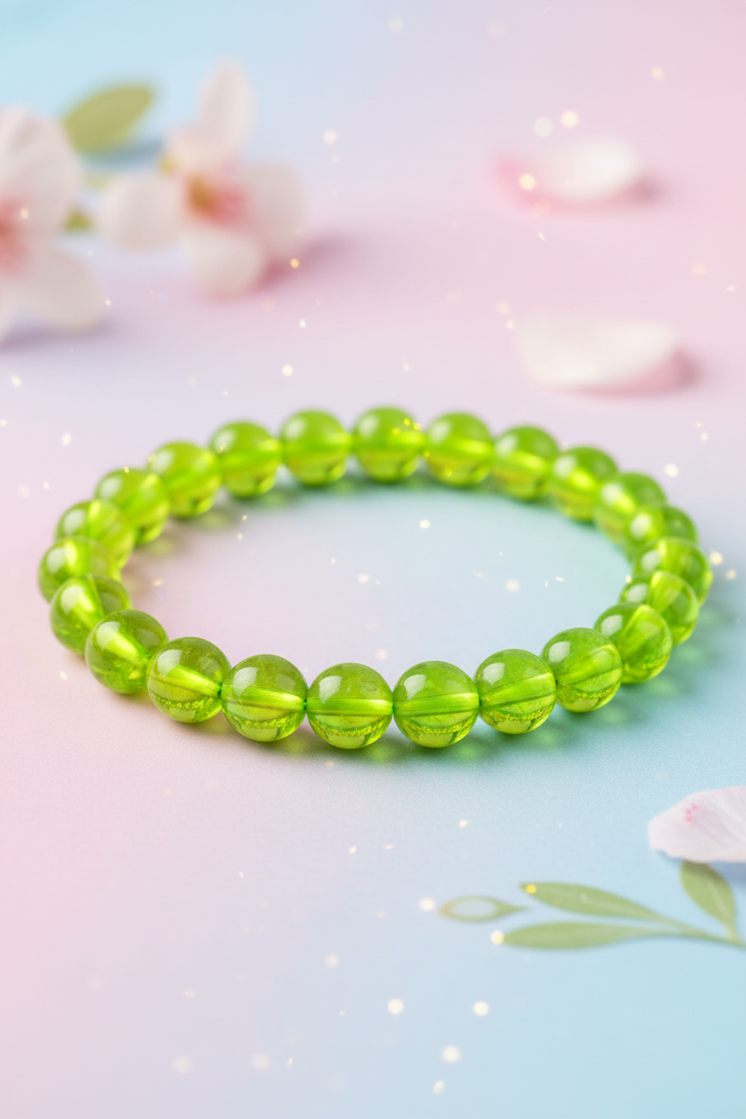Green beaded bracelet on a pastel background with flowers
