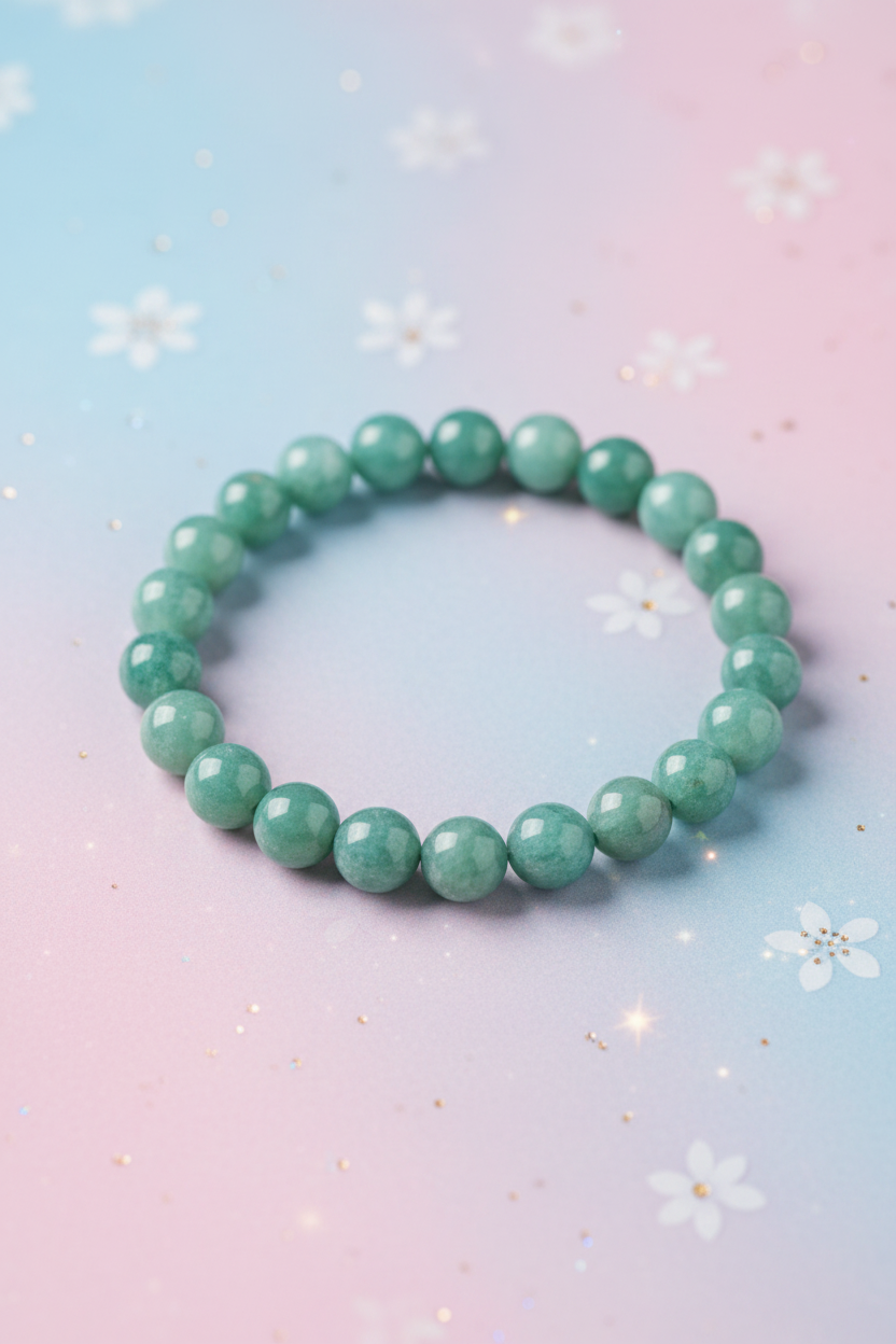 Green beaded bracelet on a pastel gradient background with snowflake decorations