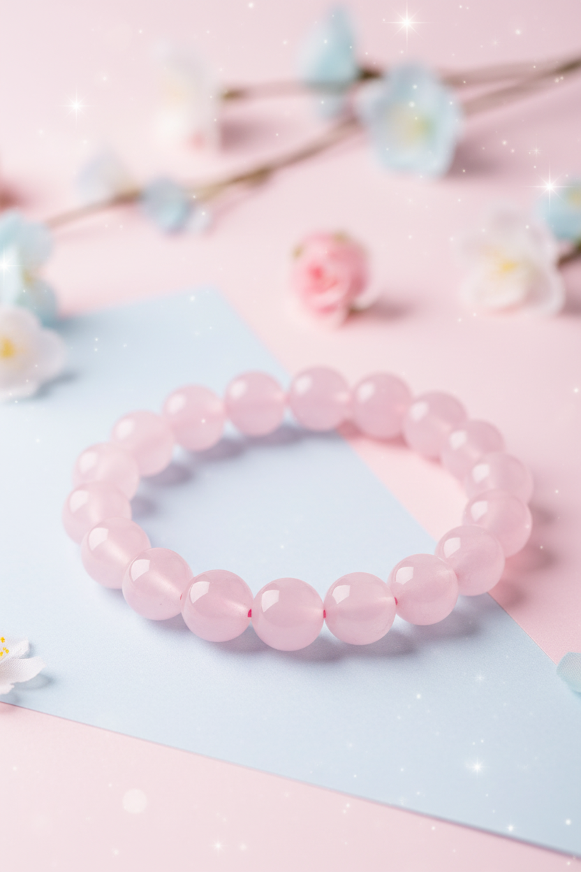 Pink beaded bracelet on a soft pink and blue background with floral elements
