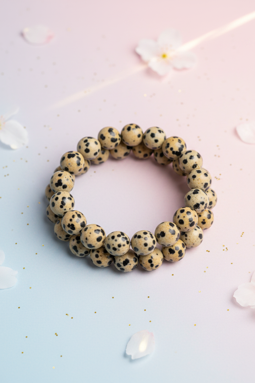 Beaded bracelet with black spots on a light pink background