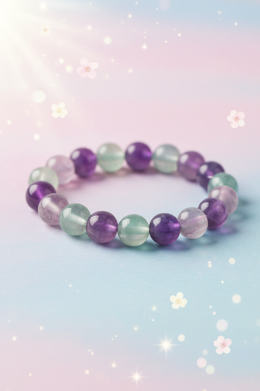 Multicolored beaded bracelet on a pastel gradient background