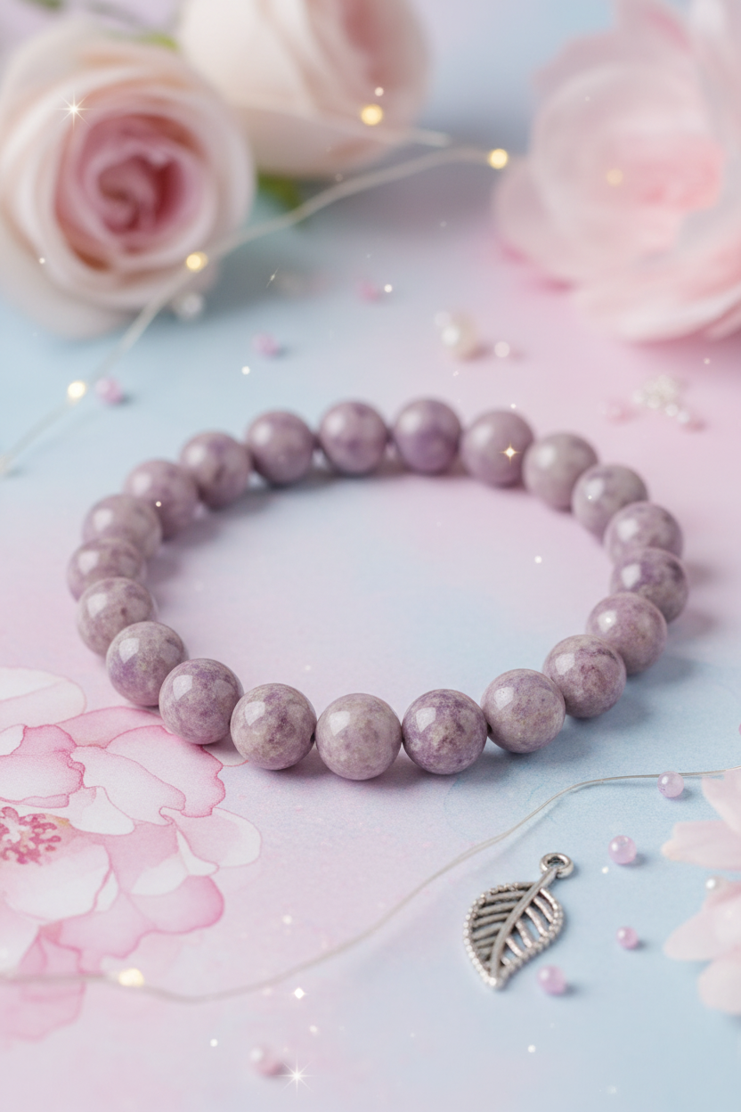 Purple beaded bracelet with a leaf charm on a floral background