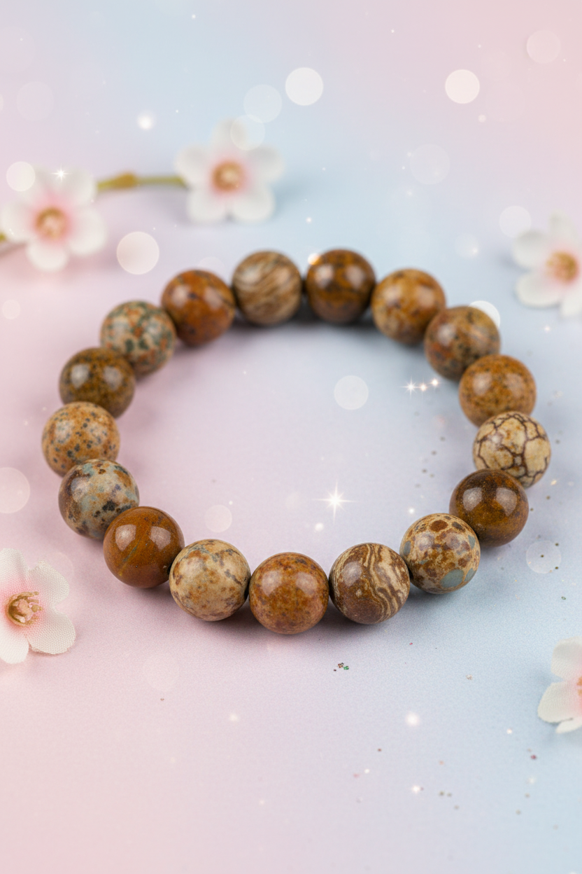 Brown beaded bracelet on a light blue and pink gradient background with flowers.