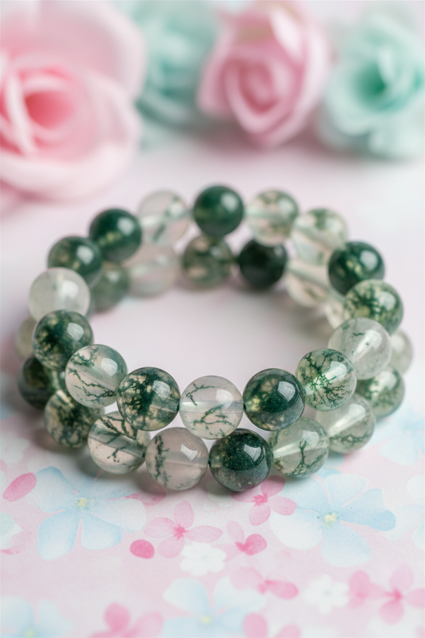 Green and clear beaded bracelet on a pastel floral background