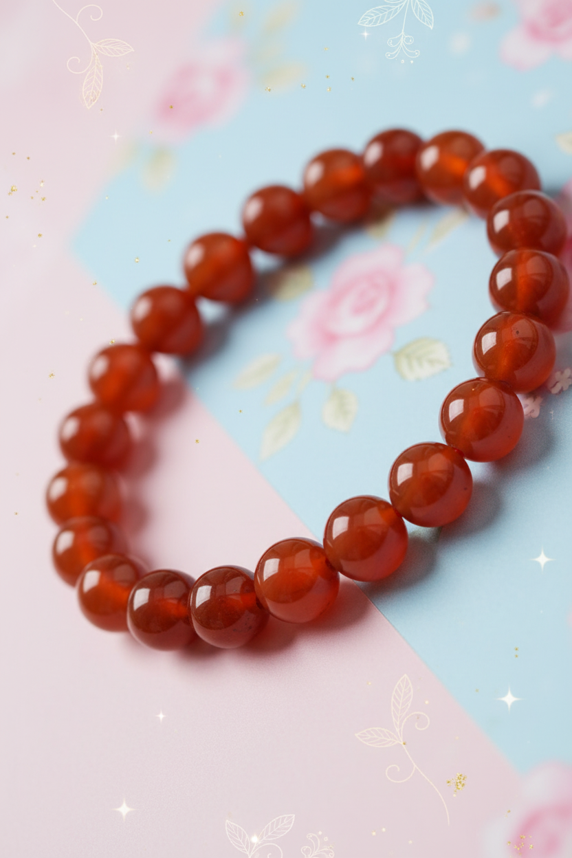 Red beaded bracelet on a colorful background