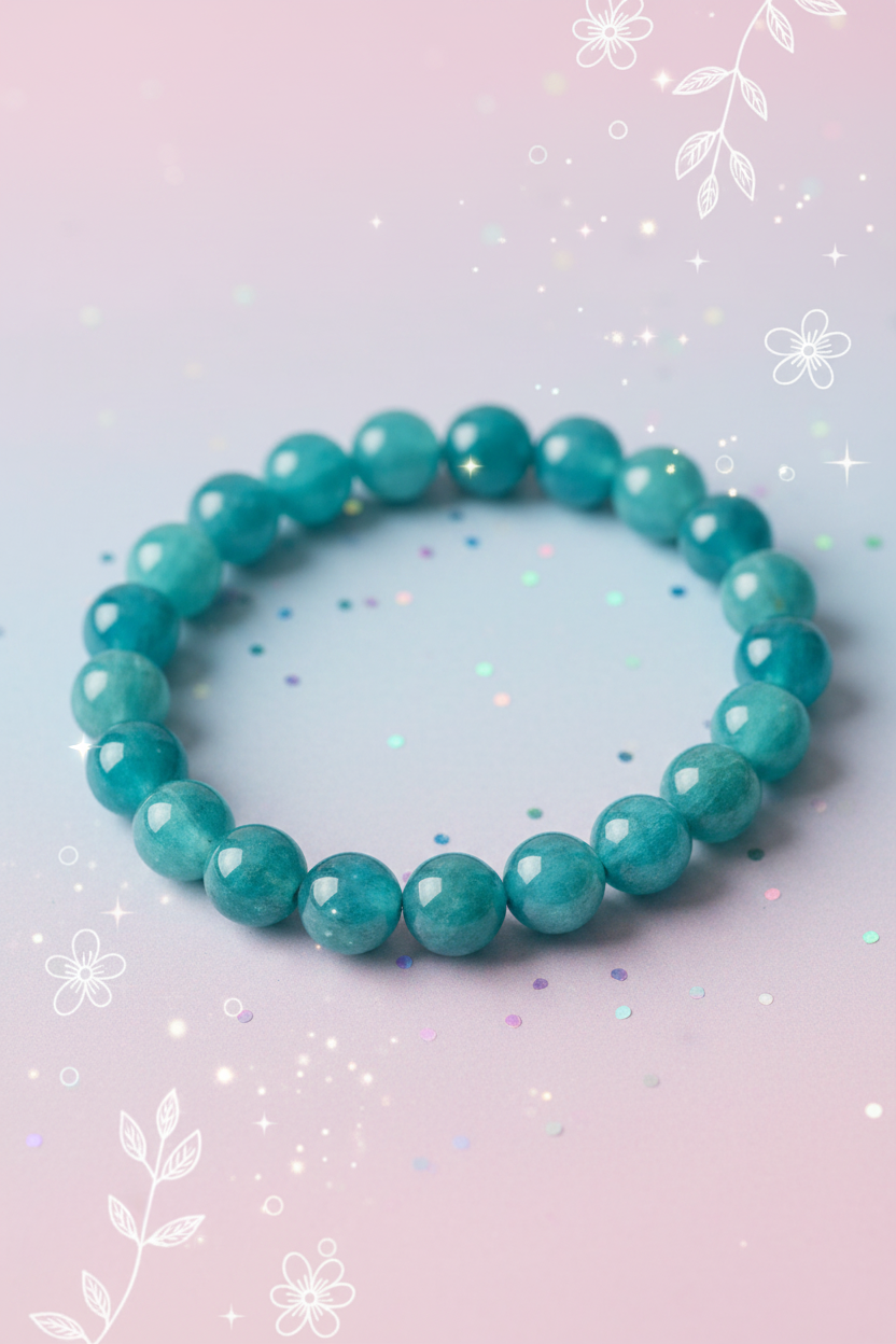 Turquoise beaded bracelet on a light purple background with decorative elements
