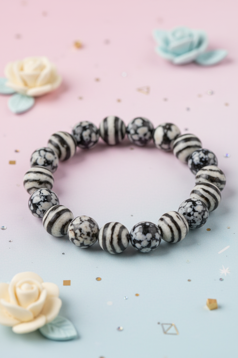 Black and white beaded bracelet on a pink and blue gradient background with decorative flowers.