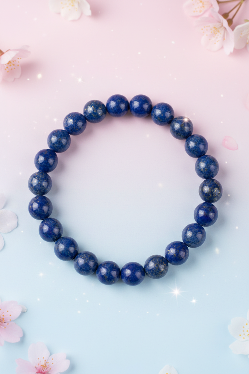 Display of various types of stone beads with labels on a cute background.
