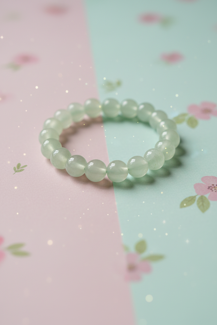 Green beaded bracelet on a pastel floral background