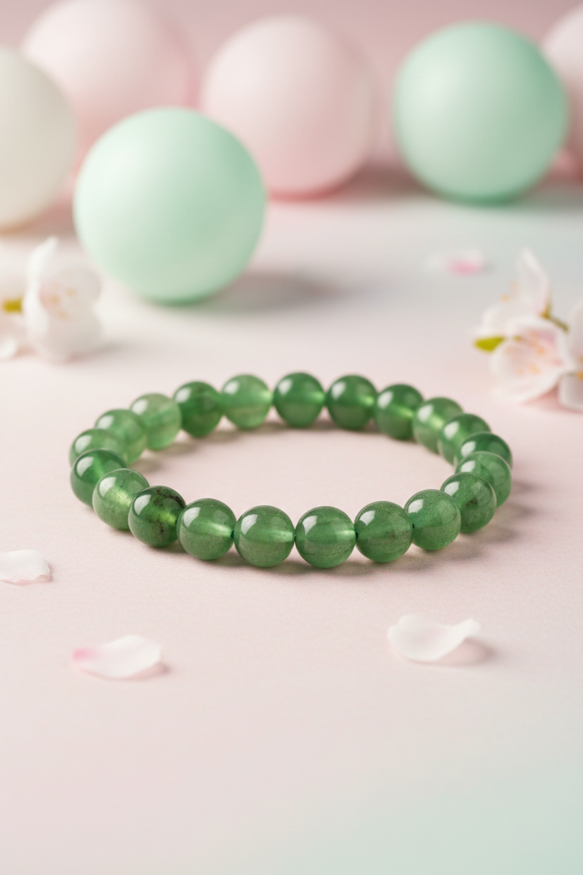 Green beaded bracelet on a light pink background with blurred green and pink beads.