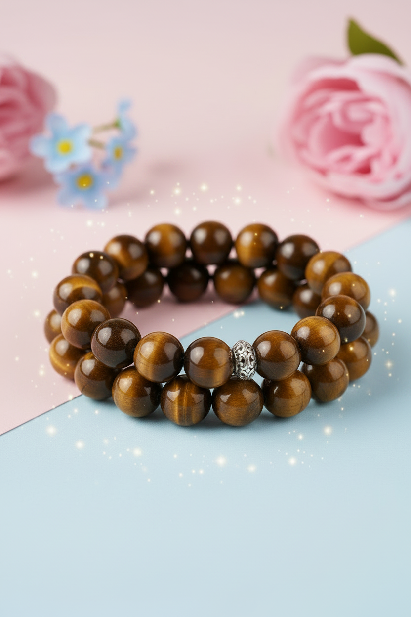 Brown beaded bracelet on a light blue surface with flowers in the background