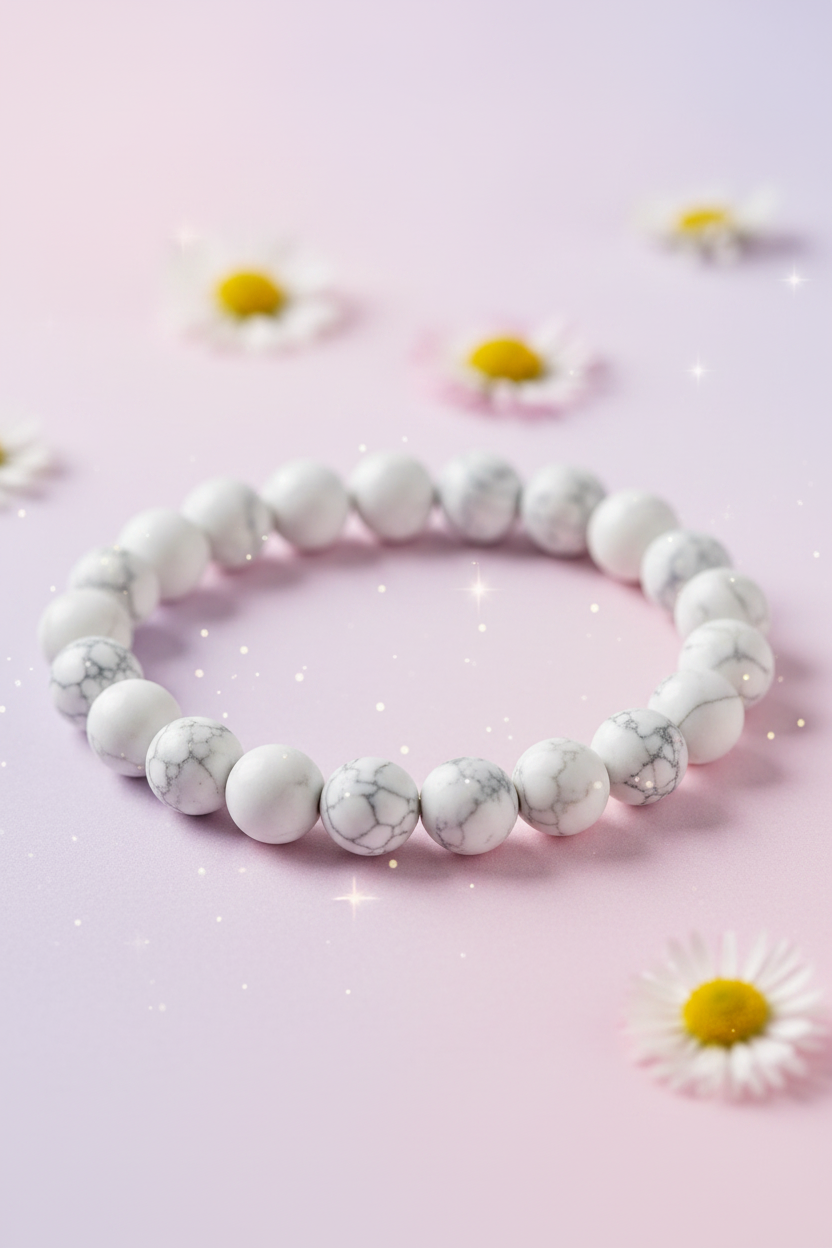 White beaded bracelet on a pink background with small flowers