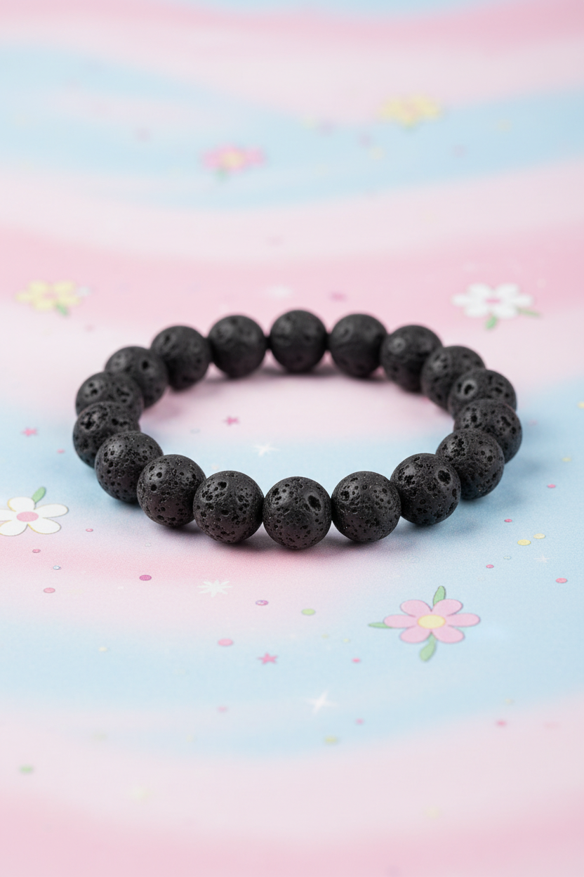 Black beaded bracelet on a pastel floral background