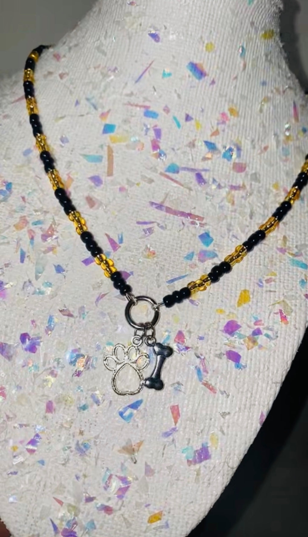 Necklace with paw and bone charm on a mannequin head with colorful background