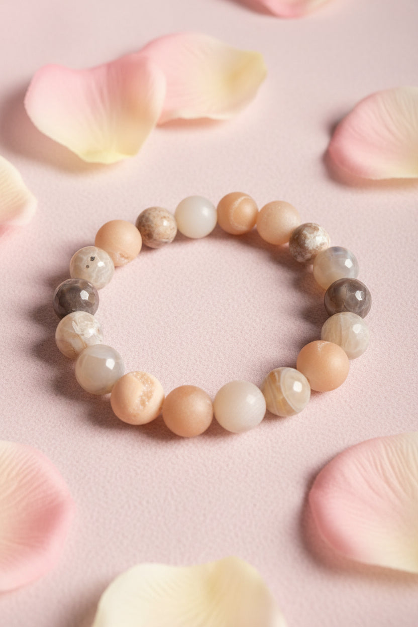 Beaded bracelet with brown and beige beads on a white background