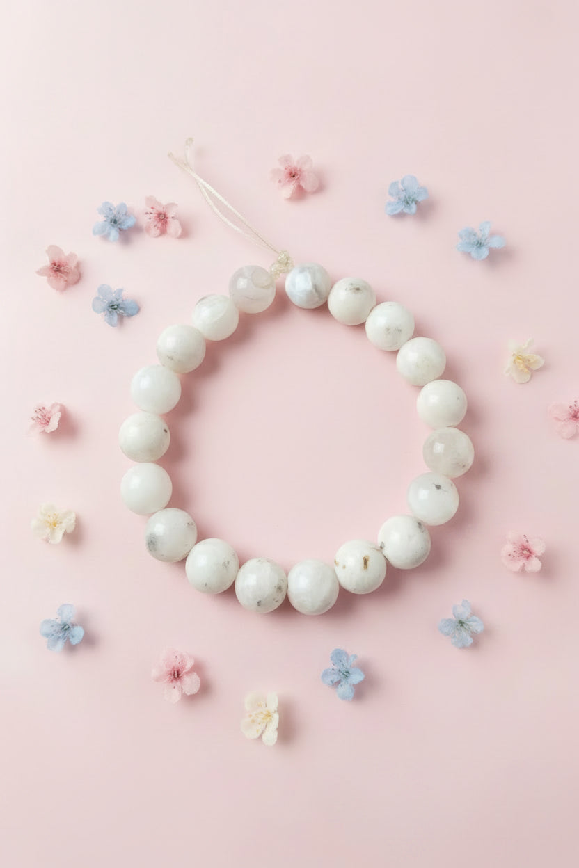 White beaded bracelet on a white background