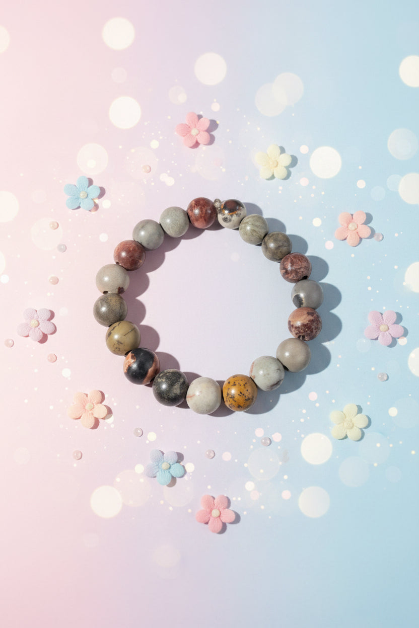 Beaded bracelet with multicolored beads on a white background