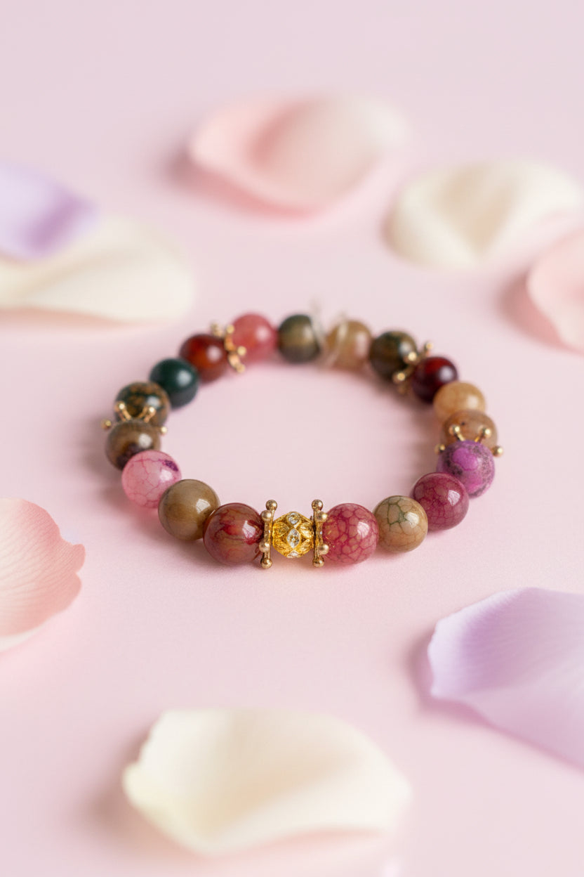 Multicolored beaded bracelet on a marble surface