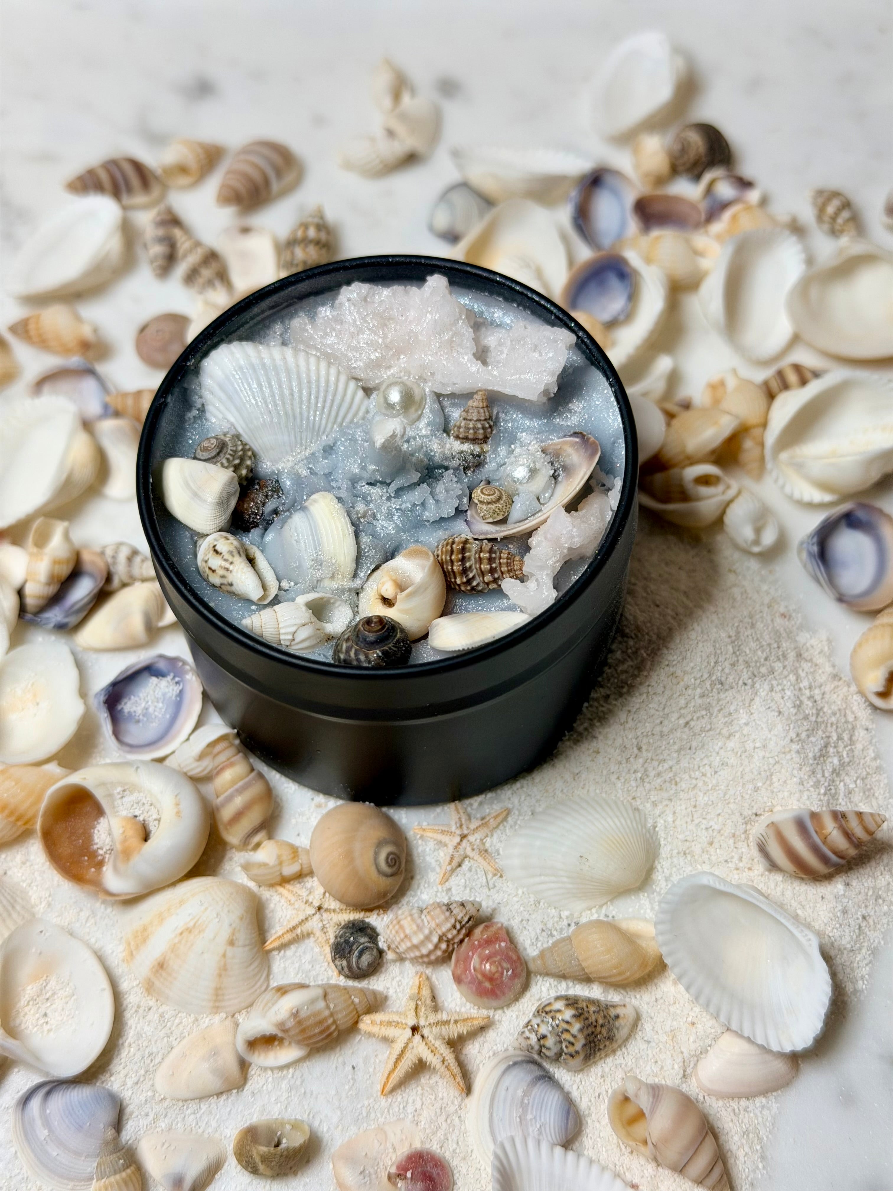 Black container with seashells and starfish on a sandy background