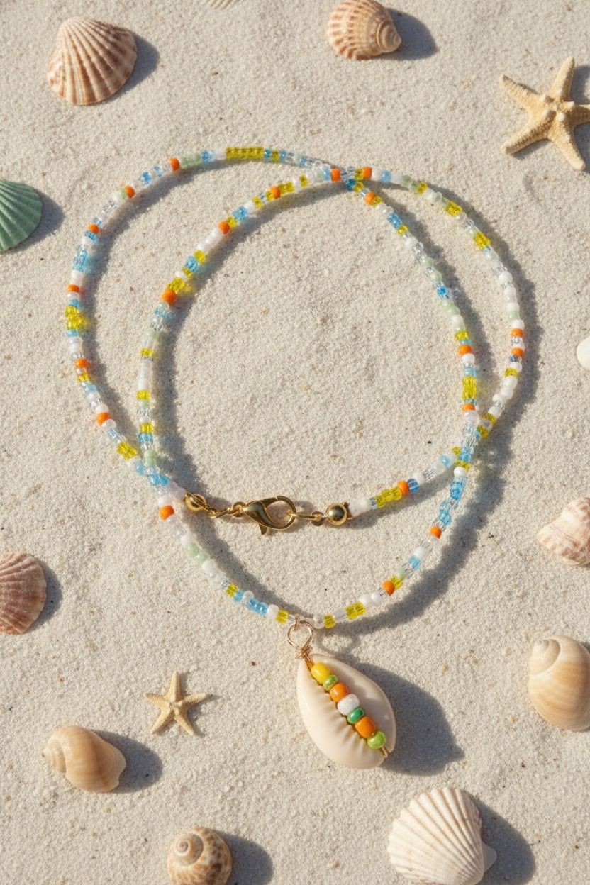 Beaded necklace on a textured stand with a blurred background