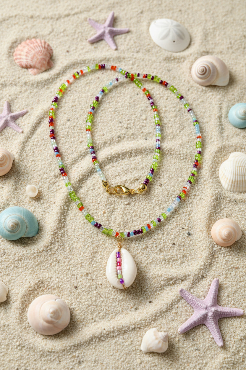 Colorful beaded necklace with a white pendant on a marble surface