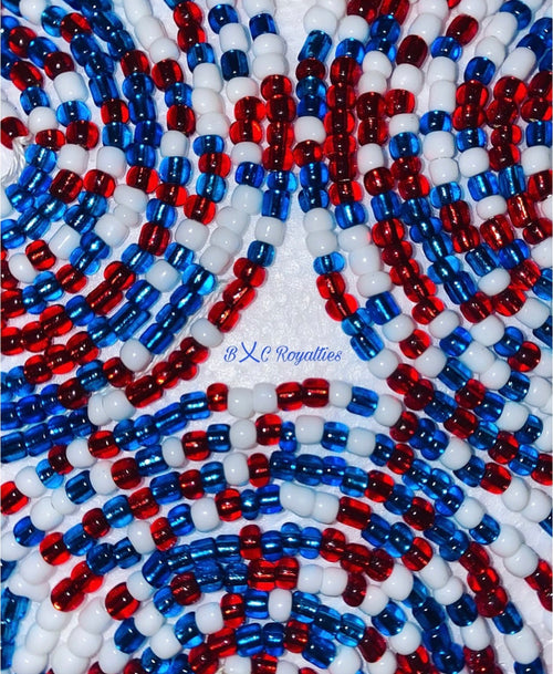 Close-up of red, white, and blue beads arranged in a pattern with 'BXC Royalties' branding.