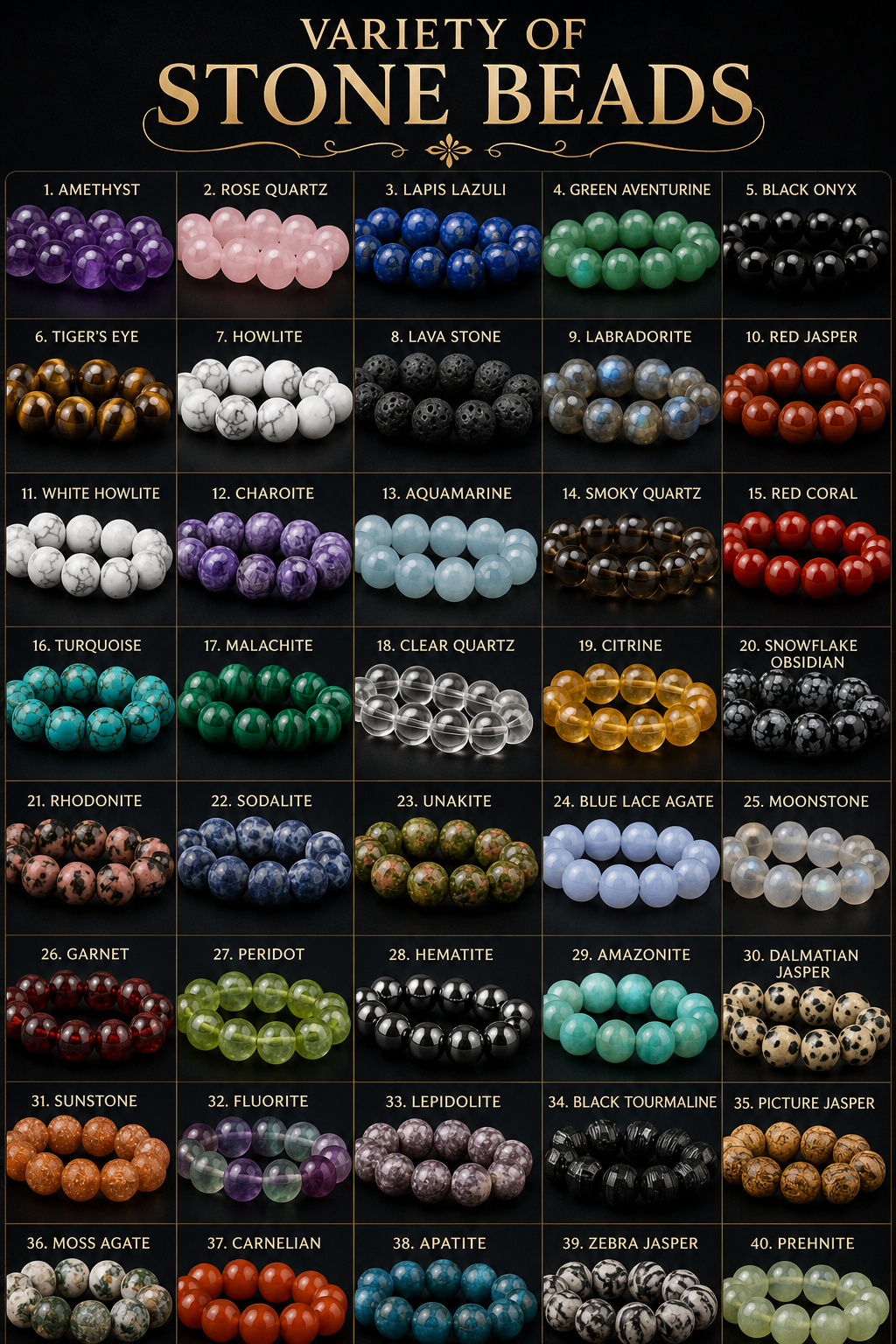 Display of various stone beads with labels on a black background