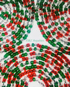 Close-up of red, green, and clear beaded string with 'BXC Royalties' branding.