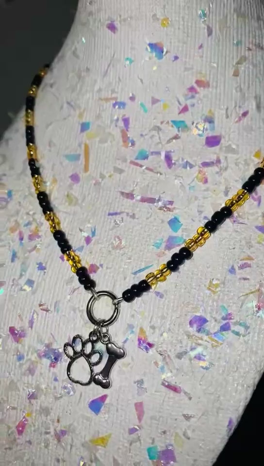 Necklace with paw and bone charm on a mannequin head with colorful background